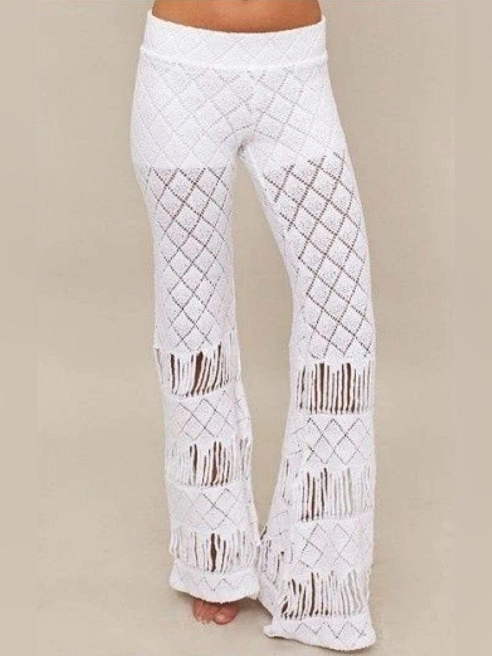 NWT Nightcap Clothing Diamond Crochet Fringe Bell Bottom Pants White 3/Medium